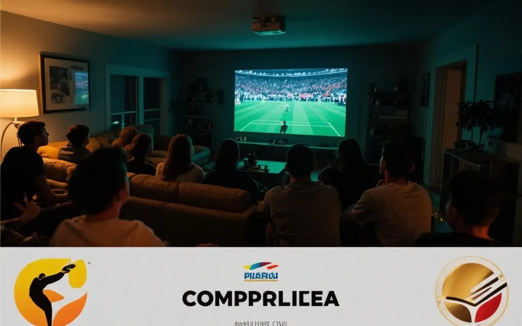 世界杯决赛夜的观赛与内容创作氛围，灯光与屏幕前的专注人群